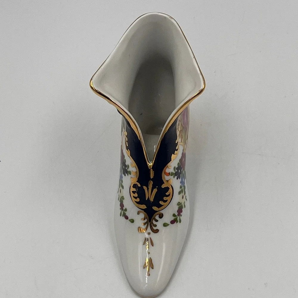 Vintage Porcelain Shoe Figurine Courting Couple Gold Trim Heel Ornate Grannycore